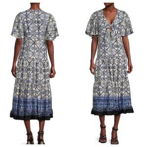 NEW Taylor Dress Blue Floral Cut Out Midi Short Flutter Sleeve Size 4 MSRP $138